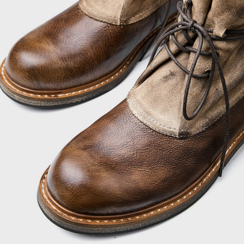 Vintage Workwear Martin Boots - Vegetable-Tanned Leather with Patchwork Lace-Up Design