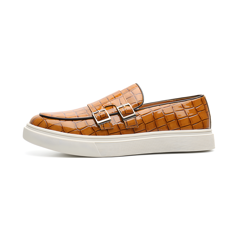 Men's Loafers Crocodile Pattern Leather with Double Buckle and Rubber Sole