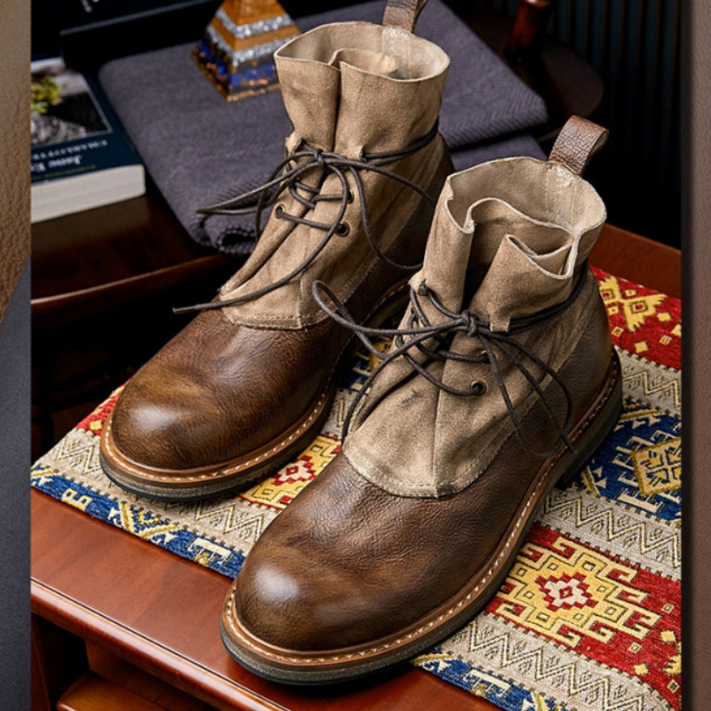 Vintage Workwear Martin Boots - Vegetable-Tanned Leather with Patchwork Lace-Up Design