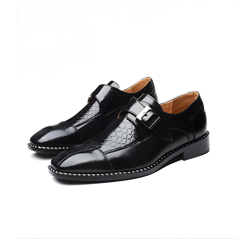 Men's Textured Leather Monk Strap Shoes with Crocodile Pattern