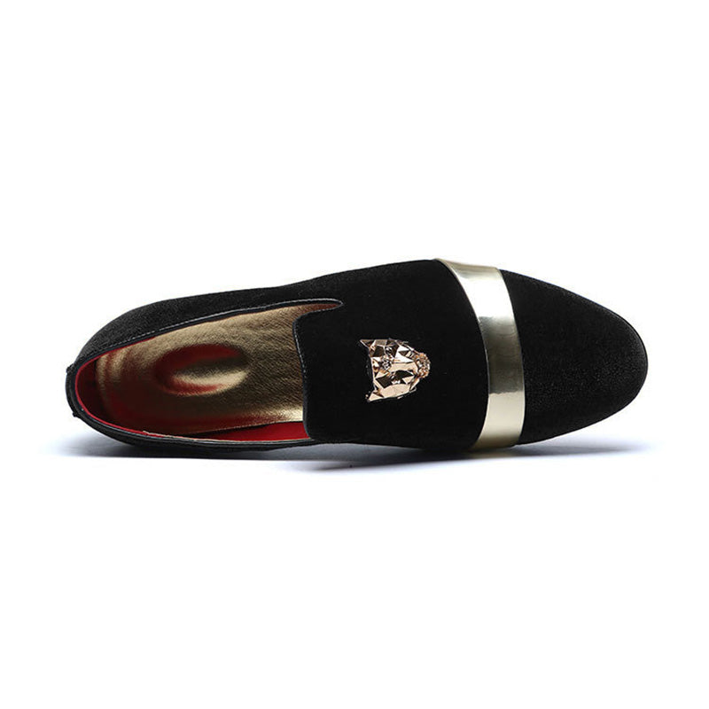 Men’s Velvet Loafers with Gold Metal Accent – Luxury Slip-On Dress Shoes for Formal and Party Wear