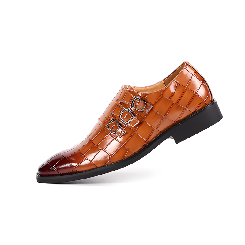 Men's Triple Monk Strap Croc-Embossed Shoes Available in 5 Vibrant Colors