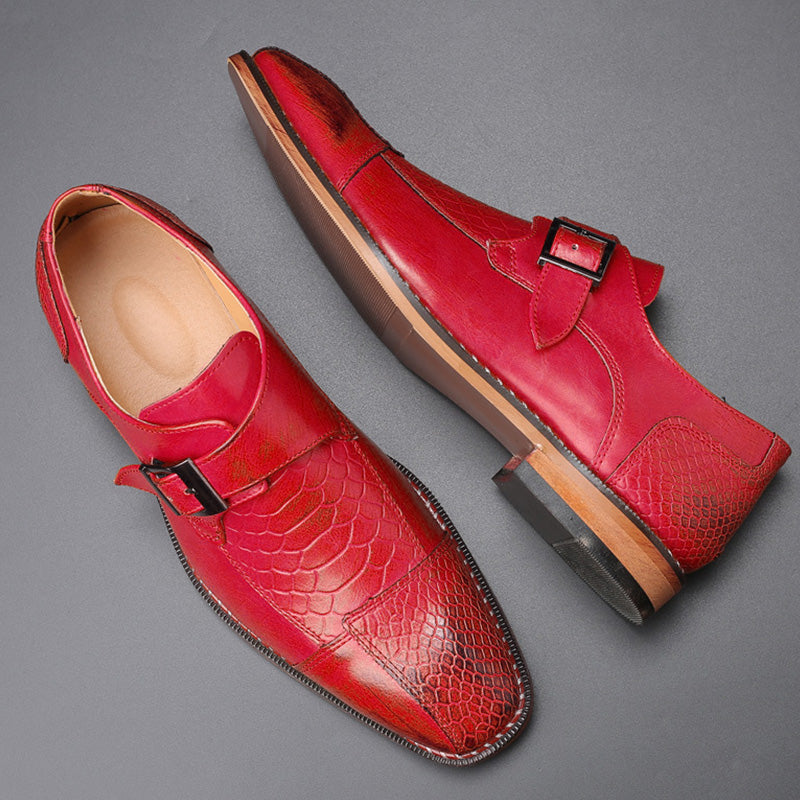 Men's Textured Leather Monk Strap Shoes with Crocodile Pattern