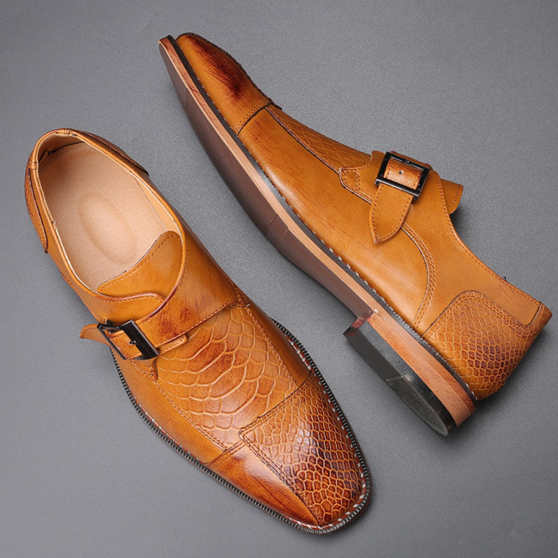 Men's Textured Leather Monk Strap Shoes with Crocodile Pattern