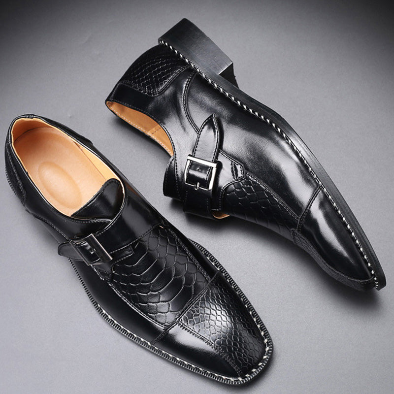 Men's Textured Leather Monk Strap Shoes with Crocodile Pattern