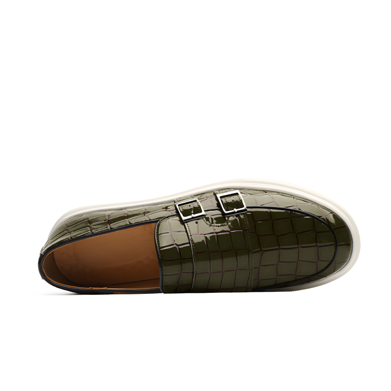 Men's Loafers Crocodile Pattern Leather with Double Buckle and Rubber Sole