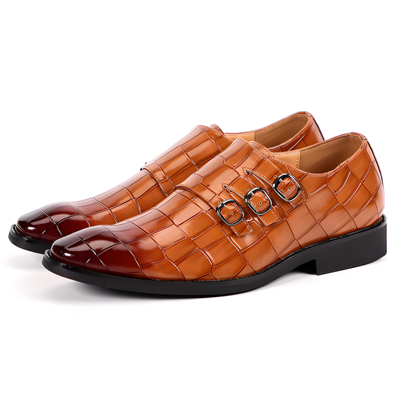 Men's Triple Monk Strap Croc-Embossed Shoes Available in 5 Vibrant Colors