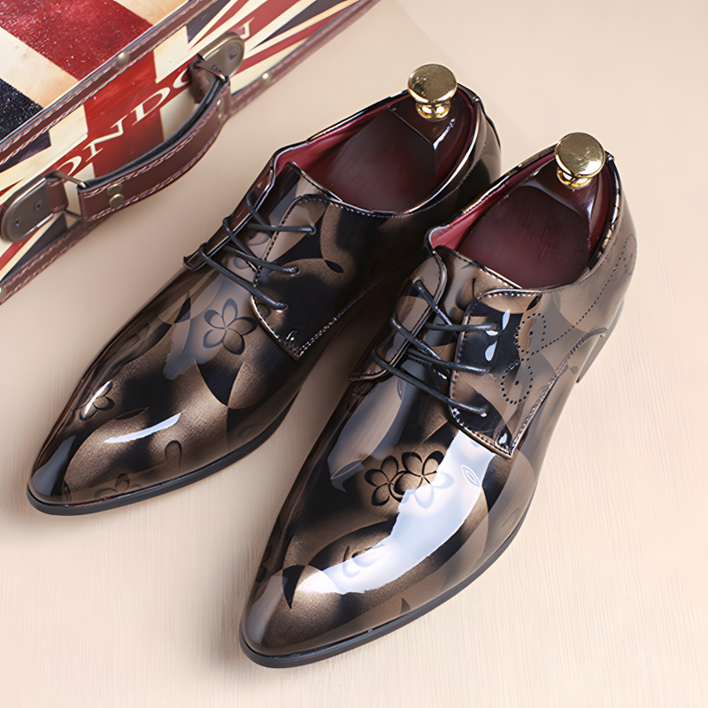 Men's Patent Leather Derby Shoes Bold Floral Design