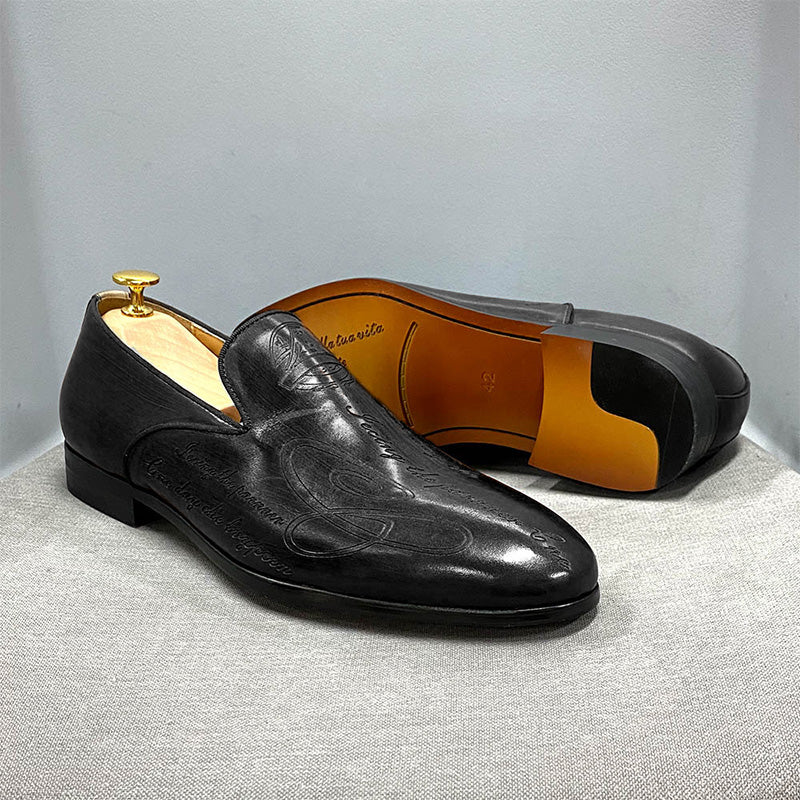 Men's Loafers Shoes Vintage Leather Slip-On Shoes with Artistic Engravings