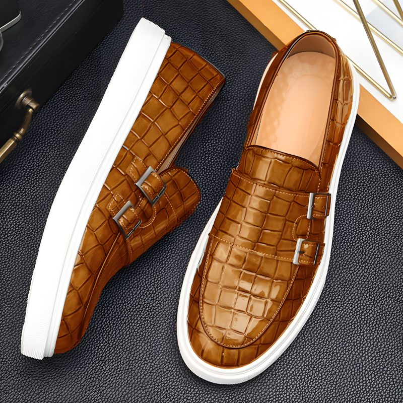 Men's Loafers Crocodile Pattern Leather with Double Buckle and Rubber Sole