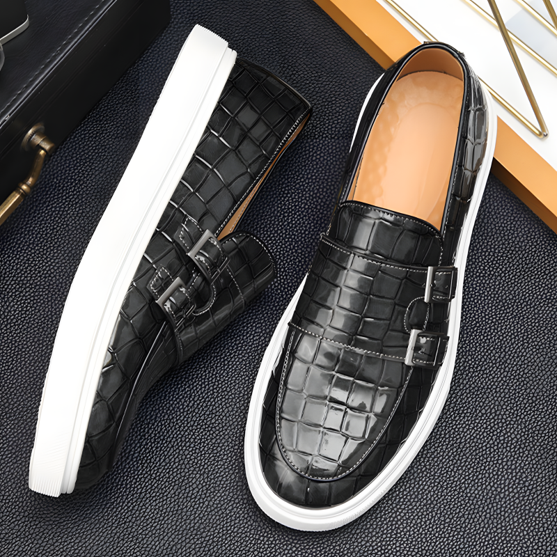 Men's Loafers Crocodile Pattern Leather with Double Buckle and Rubber Sole