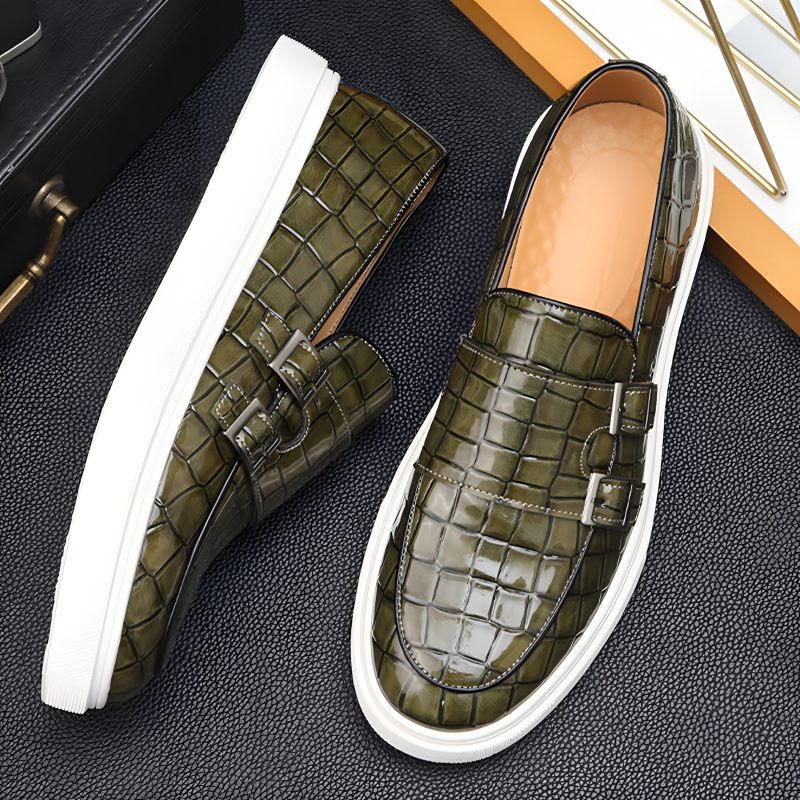 Men's Loafers Crocodile Pattern Leather with Double Buckle and Rubber Sole