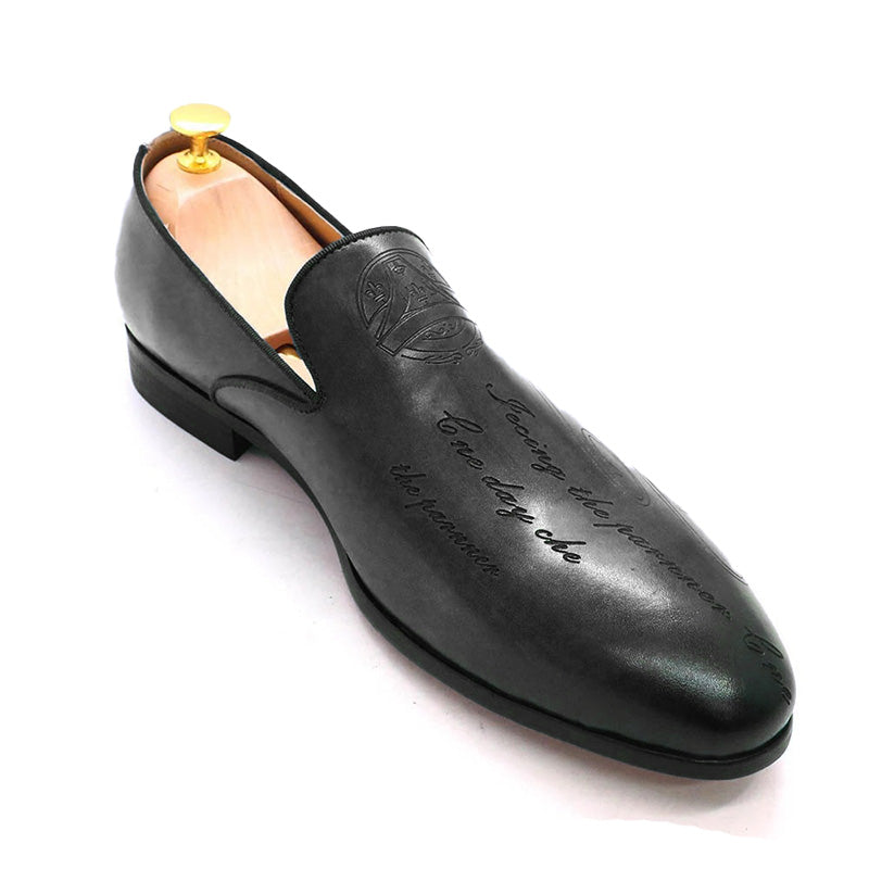 Men's Loafers Shoes Vintage Leather Slip-On Shoes with Artistic Engravings