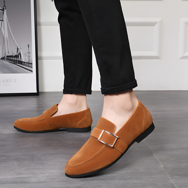 Classic Men's Suede Loafers with Metal Buckle