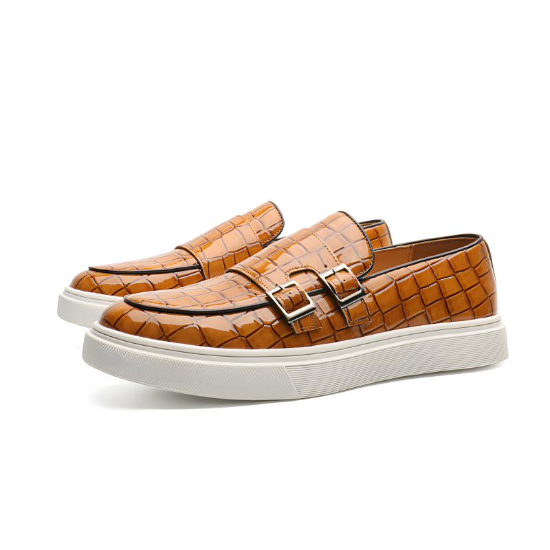 Men's Loafers Crocodile Pattern Leather with Double Buckle and Rubber Sole