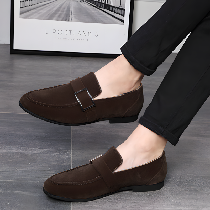 Classic Men's Suede Loafers with Metal Buckle