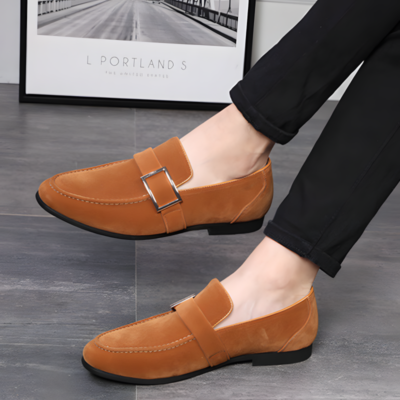 Classic Men's Suede Loafers with Metal Buckle