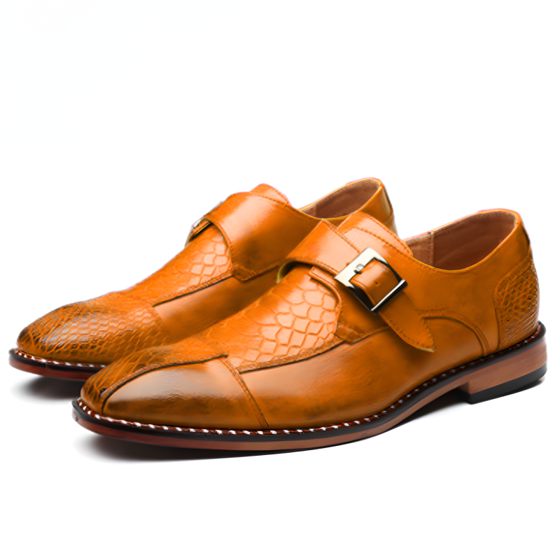 Men's Textured Leather Monk Strap Shoes with Crocodile Pattern