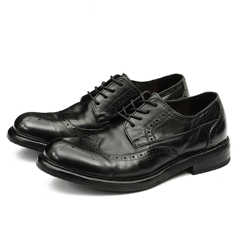 Zapatos Derby Brogue para hombre: piel de caballo auténtica, Goodyear Welted, estilo retro, proceso de lavado