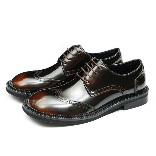 Calfskin Derby Shoes for Men Glossy Brogue Round Toe