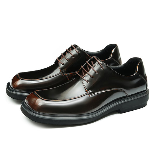 Calfskin Derby Shoes Men Leather Shoes Glossy Square Toe