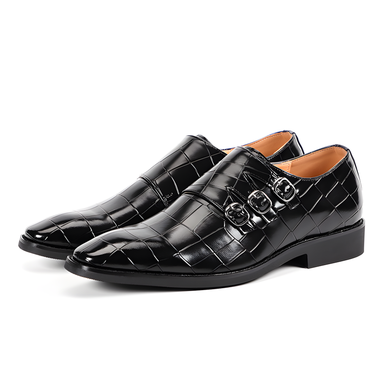 Men's Triple Monk Strap Croc-Embossed Shoes Available in 5 Vibrant Colors