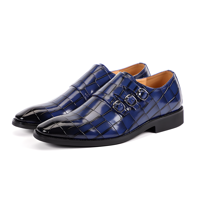 Men's Triple Monk Strap Croc-Embossed Shoes Available in 5 Vibrant Colors