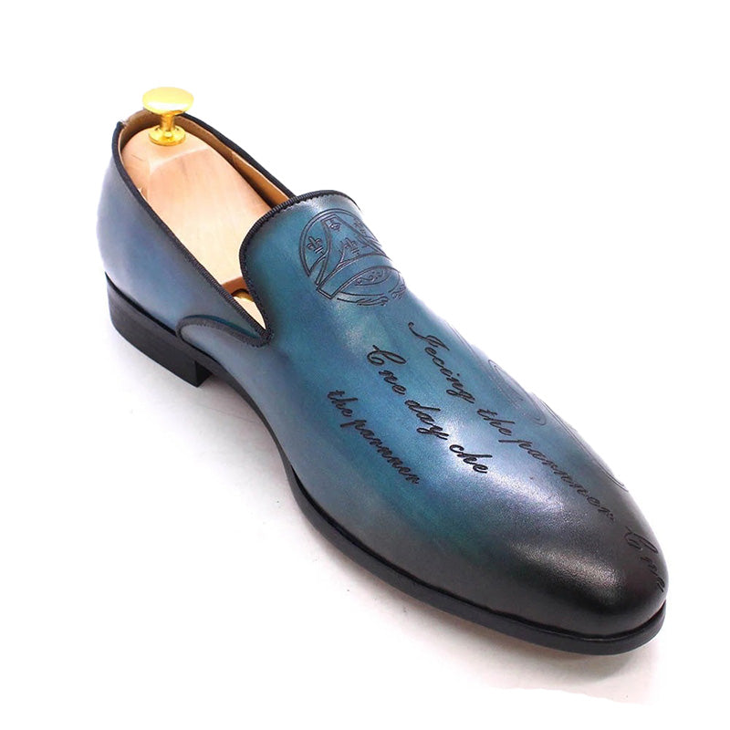 Men's Loafers Shoes Vintage Leather Slip-On Shoes with Artistic Engravings